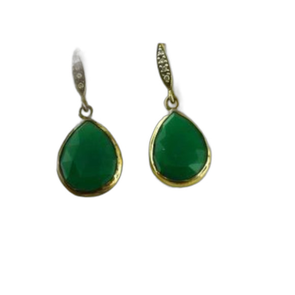Pear Shaped Green Onyx & CZ 1.25" Sterling Silver Earrings from India - Picture 4 of 5